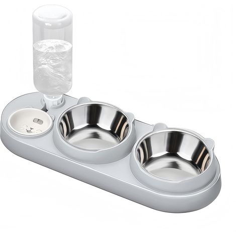 Cat Bowl 3 in 1 Cat Food and Water Bowl Set with Water Dispenser and Stainless Steel Bowls 15° Tilted Three Bowls for Indoor Cat (1/5)