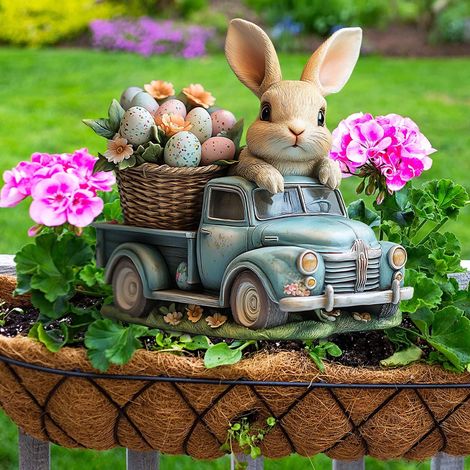 Lapin En Peluche Réaliste - Support Acrylique En Forme De Camion Bleu Vintage - Panier Tissé D'Œufs Colorés - Décoration De Pâques Pour Intérieur Et Table (1/5)