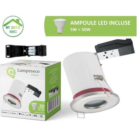 Lampesecoenergie – Spot encastrable étanche IP65 87mm – Douille GU10 avec ampoule LED 5W 3000K – Pour pièces humides – Fixation rapide par ressorts (1/4)