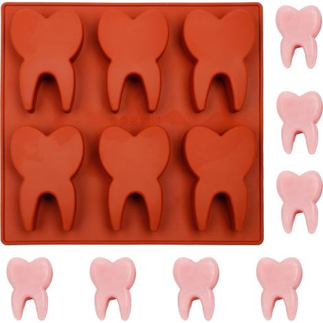 Moules en silicone en forme de dent, rouge, plaque de cuisson à 6 alvéoles pour chocolat, bonbons, gelée, biscuits, glaçons, savons, décorations de gâteau et résine. (1/5)