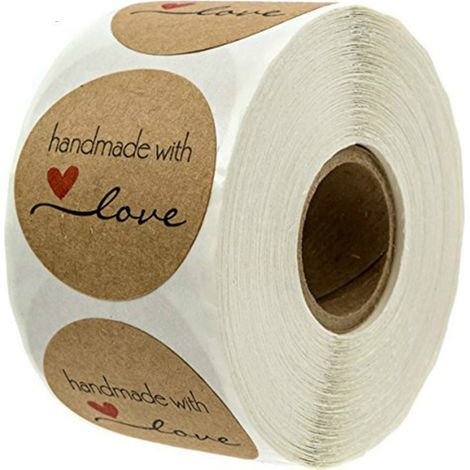 500 étiquettes autocollantes rondes en papier kraft, faites à la main avec amour, pour cadeaux (1/5)