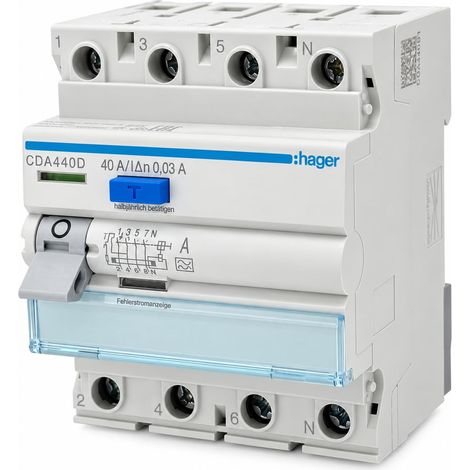 Lot de 4 interrupteurs FI 4 pôles 40 A/30 mA type A + 4 ponts de câblage 10 mm² - 40 cm, avec embouts de câble, 3 x noir - 1 x bleu - pour répartiteur électrique