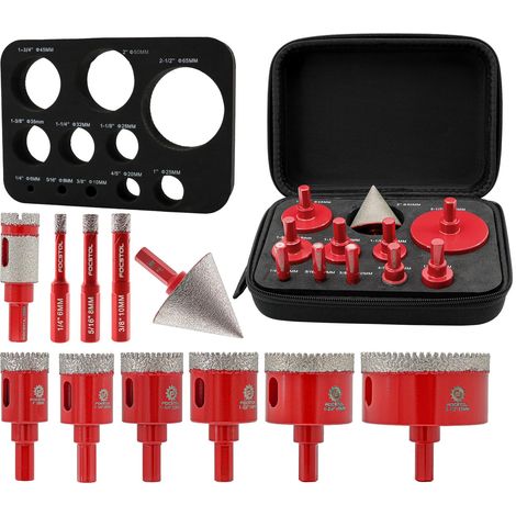 Foret Diamant Kit Trépan Carrelage - 11 pièces (6/8/10/25/28/32/35/45/65mm+20mm Foret Fraise+50mm Mèches Chanfrein Biseautées) Scie Cloche Diamantée pour Porcelaine Carrelage Marbre Granit (1/5)