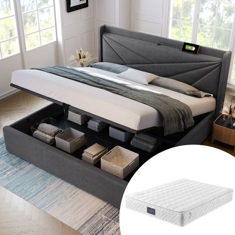 Lit double 160x200 coffre rangement - Tête de lit rembourrée, fonction charge USB Type-C, structure lin - sommier inclus Gris (avec matelas) (1/5)