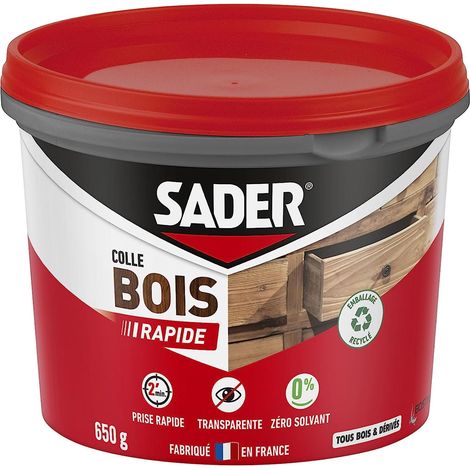 Sader Colle à Bois Prise Rapide 2 min - Colle Forte pour Tous Bois et Dérivés - Intérieur - Transparente après Séchage - Colle en Pot Applicable au Pinceau - Sans Solvant - Pot de 650 g (1/5)