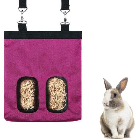 Sac à foin - Sac d'alimentation - avec râtelier à foin amovible et bord renforcé - 1 pièce - pour lapins et cobayes - rose (1/5)