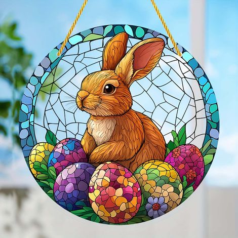 Suncatcher Rond - Décor Fenêtre Pâques - Œufs Colorés et Fleurs - Acrylique - 20 cm de Diamètre - Double Face - Avec Cordon Doré - 1 Pièce (1/5)