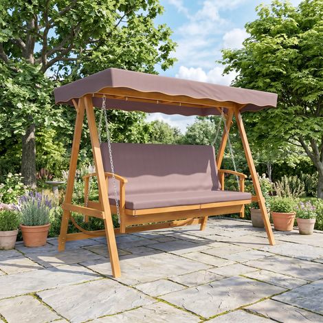 Hollywoodschaukel mit Sonnendach, Echtholz-Gartenschaukel, Schaukelbank mit Liege-Funktion, für 3 Personen, Braun (1/5)
