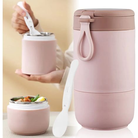 Doppelwandiger Müslibecher, 730 ml, mit rosa, auslaufsicherem Löffel, für Joghurt und Frühstück, isolierter Behälter (1/5)