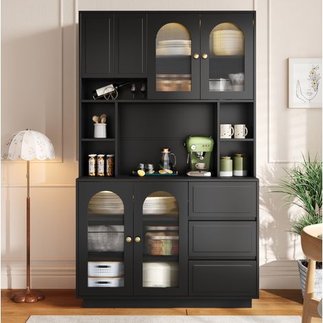 Aparador alto de 106x30x175 cm con iluminación LED controlada por aplicación, puertas curvas de acrílico, nichos abiertos, MDF - negro (1/5)