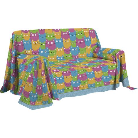 Housse de canapé 250 x 290 cm, Drap Housse 100% Coton Pur, Motif Happycat Multicolore, Drap d'ameublement, protège-canapé ou Couvre-lit d'été (1/2)