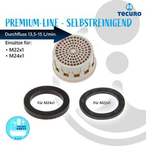 tecuro Selbstreinigende PREMIUM Strahlregler Einsatz für M22/M24, Durchflussklasse A: 13,5 - 15,0 l/min, inkl. Dichtung (1/3)