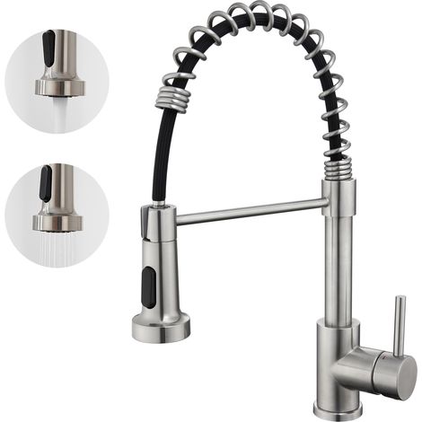 Auralum Grifo Cocina Extraíble de Acero inoxidable, Giratorio de 360° Monomando de Fregadero grifo con 2 Modos 2 Boquillas y Manguera para Agua Fría y Caliente (1/5)