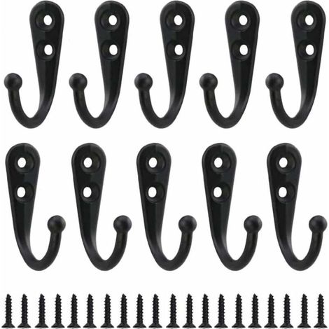 Lot de 10 crochets muraux rétro en métal noir, crochets à vis simples, style vintage, pour porte-manteaux, étagères, tiroirs, armoires, salle de bain, avec 20 vis. (1/4)