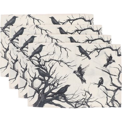 4pcs Crow Festival Linen Placemats Washable Scary Dining Table Place Mat Heat Resistant Crow Placemats for Party Kitchen Home Decoration (1/5)