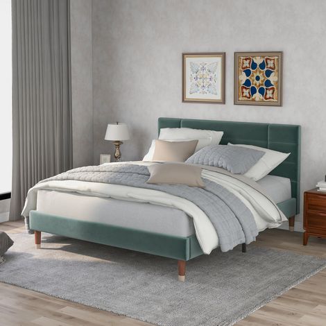 Letto imbottito classico 140x200 cm in velluto verde con testiera trapuntata, rete a doghe e materasso H3 incluso (1/5)
