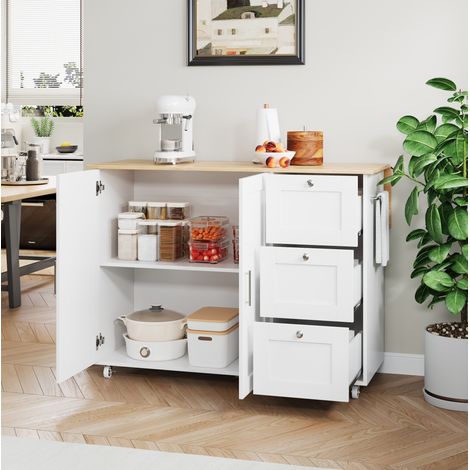 Îlot de cuisine 135x70x90 cm blanc et naturel en MDF avec plateau rabattable et roulettes