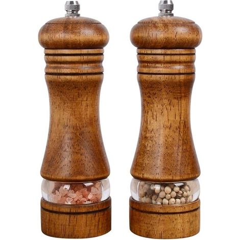 Set di 2 macina sale e pepe in legno, con finestra in vetro acrilico, superficie in ceramica e macinatura regolabile (16,5 cm). (1/5)