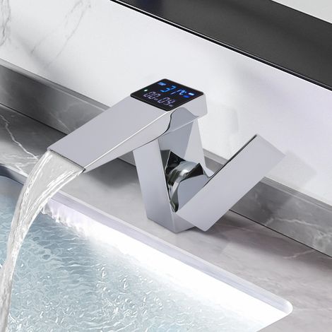 Robinet LED - Affichage température - Robinet de salle de bains - Alliage cuivre - mitigeur de lavabo à jet cascade - Simple levier - Pour cuisine, salle de bain - Argent (1/5)