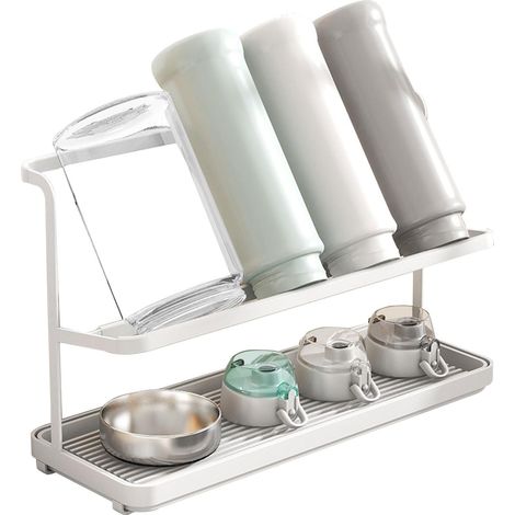 Égouttoir à bouteilles à 2 niveaux en acier au carbone avec plateaux inclinés, gain de place pour les bouteilles, les tasses et les verres.