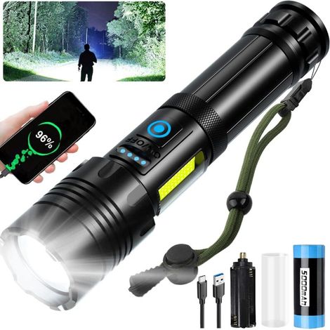 Extrem leistungsstarke LED-Taschenlampe – 500.000 Lumen, wiederaufladbar, wasserdicht (IPX7), 7 Leuchtmodi für Camping, Wandern und Notfälle