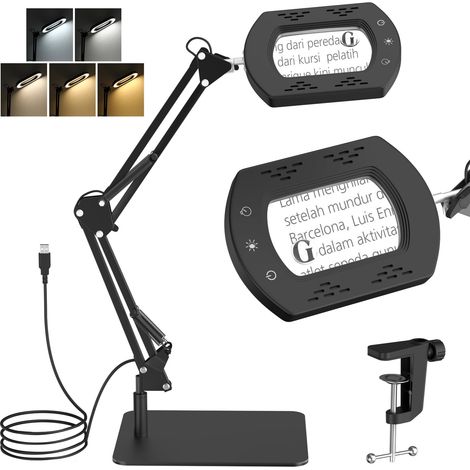 Loupe 15X/30X avec Éclairage Et Socle, Lampe De Bureau À Pince, Loupe Éclairée par LED avec 5 Modes De Couleur Et Intensité Réglable en Continu, Loupe De Bureau pour Travaux Minutieux, Noir (1/5)