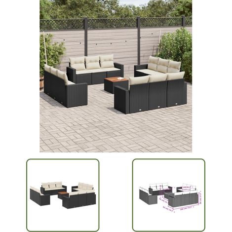 The Living Store Salon de jardin avec coussins 13 pcs noir résine tressée - Salon De Jardin - Meuble De Jardin - Salon Extérieur - Set De Salon - Résine Tressée (1/3)