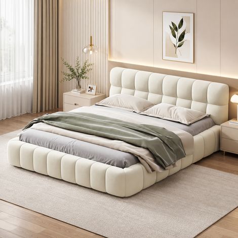 Lit Bulle Double 160x200 cm, Lit rembourré avec Tête de Lit Capitonnée et Sommier à Lattes,lit adulte140x190cm,Cadre de Lit pour Adulte et Adolescents,Tissu en Lin,Beige (1/5)