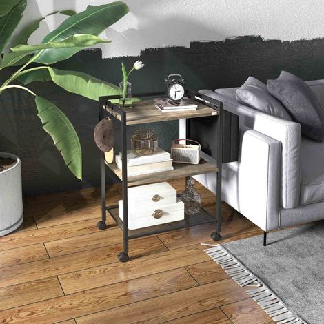 Carrito Auxiliar con Ruedas de 3 Niveles con Bolsa de Tela y 2 Ganchos para Salón Cocina Comedor 66x40x80,5 cm Gris (1/5)
