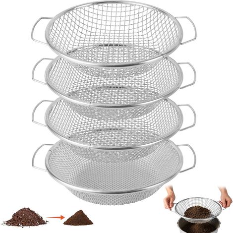 Lot de 4 Tamis Jardinage, Mailles de 3/6/8/10 mm avec Bac et Plateau Tamisage Robustes pour Sable Pierres Compost Gravier et Sciure Idéal pour Le Sable Les Pierres Le Compost la Sciure Bois (1/5)