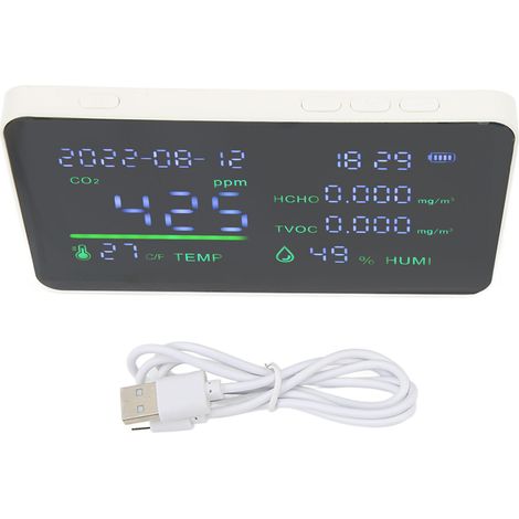CO₂- und Luftqualitätsdetektor mit großem Display – Misst HCHO, Temperatur und Luftfeuchtigkeit – Weißes Infrarot-Modell, USB-aufladbar (1/5)