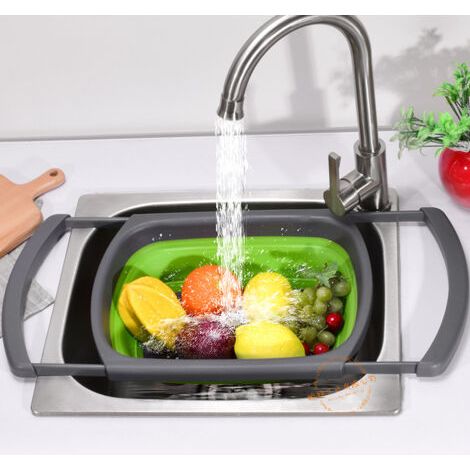 Égouttoir d'évier, bassine pliable en silicone pour laver les fruits et légumes, idéale pour la maison, la cuisine, les restaurants et le lavage des pâtes. Panier avec poignées rétractables -