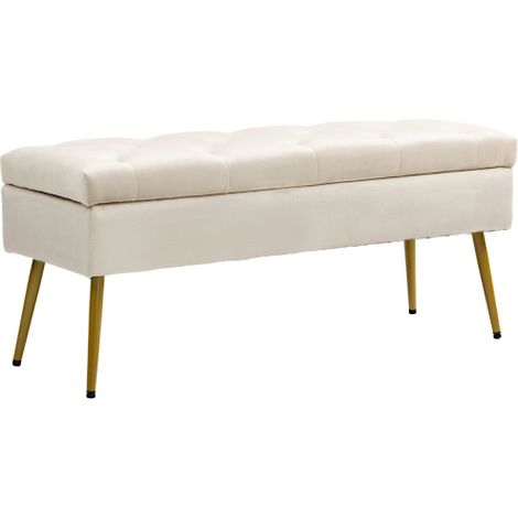 Banc de rangement capitonné beige aspect velours avec structure métallique, compact et élégant pour entrée, chambre et salon (1/3)