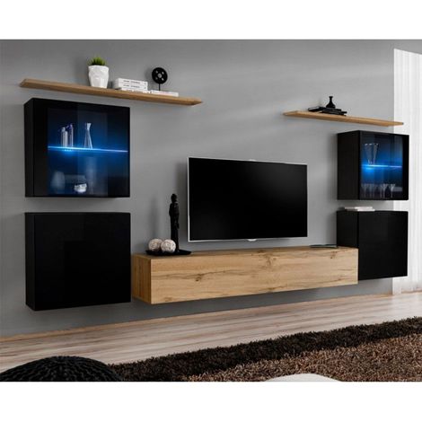 Meuble TV Mural Design "Switch XIV" 320cm Noir & Naturel (1/4)
