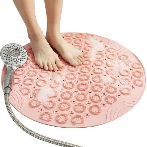 Runde, rutschfeste Duschmatte, schimmelresistente Badewannenmatte mit Saugnäpfen, strukturierte Gummibadematte mit Abflussloch (Pink – 1 Stück)