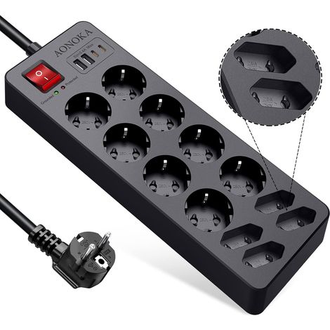 Multiprise avec Interrupteur, Multiprise 12 Prises Parafoudre et Surtension Bloc Prise Multiple 4 USB Chargeur,Gain de Place pour Bureau Maison,Protection Enfant,Rallonge Electrique 1,5M Câble,Noir (1/5)
