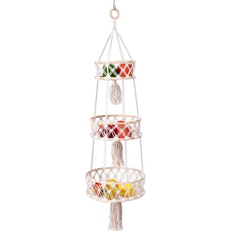 Panier Fruit Suspendu - 1 pièce, Panier Fruit Suspendu 3 Niveaux Corde Coton Tressée + Crochet - Mural, Pour Cuisine/Salon/Salle de Bain (1/4)