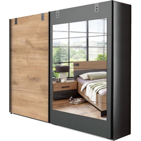 Pegane – Armoire de rangement à portes coulissantes chêne foncé – Longueur 225 cm x Hauteur 210 cm x Profondeur 65 cm – Panneaux mélaminés (1/2)