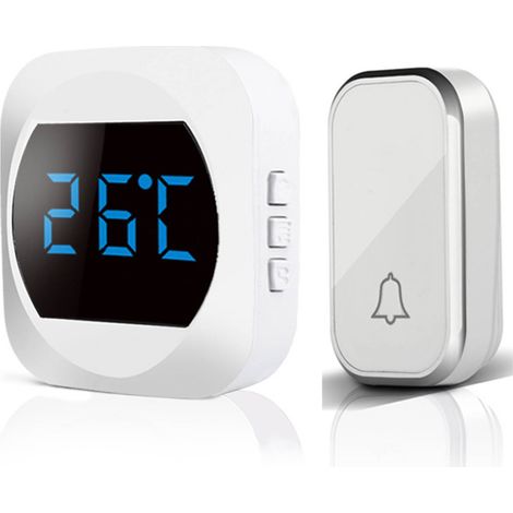 Sonnette sans fil auto-génératrice, sonnette domestique, interphone intelligent, thermomètre, sonnette sans pile, affichage individuel de la température en blanc. (1/5)