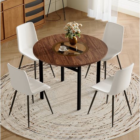 MEUBLIV Ensemble table à manger ronde 100 cm brun effet bois avec 4 chaises blanches (1/5)