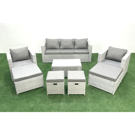 Fimous 8 Stücke Rattan Gartenmöbel Set Garten Sofa Stuhl Couchtisch Set mit 4 Hockern Hellgrau gemischt