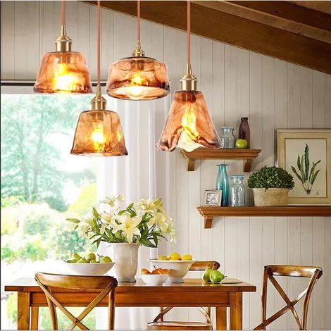 Lot de 4 Lustres Suspensions en Verre Ambre,Lampe de Plafond Industriel Style Vintage E27 Luminaire Ajustable pour Salon (1/4)