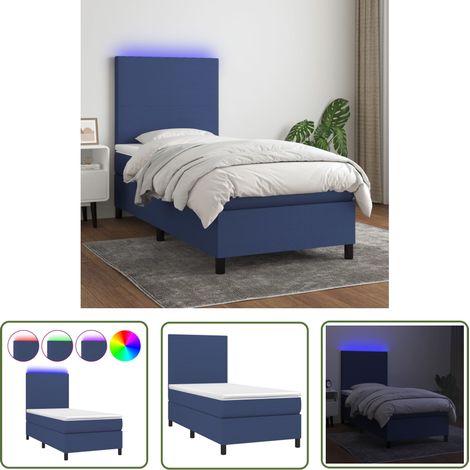 The Living Store Sommier à lattes de lit avec matelas et LED Bleu 90x190cm Tissu - Sommier Tapissier - Lit Avec Led - Matelas À Ressorts Ensachés - Tête De Lit Réglable - Éclairage LED (1/5)