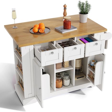 Mobile Kücheninsel 132 cm mit klappbarer Arbeitsplatte – Landhausstil – 3 Schubladen + 2 Schränke + Regale – Integrierte Steckdose mit USB – Rollen mit Bremse – für Küche & Esszimmer-weiß
