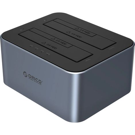 Orico 6626C3-C-V1 2-Disk-Dockingstation mit Offline-Klonfunktion für 2,5/3,5-Zoll-SATA-HDDs/SSDs – Grau (1/5)