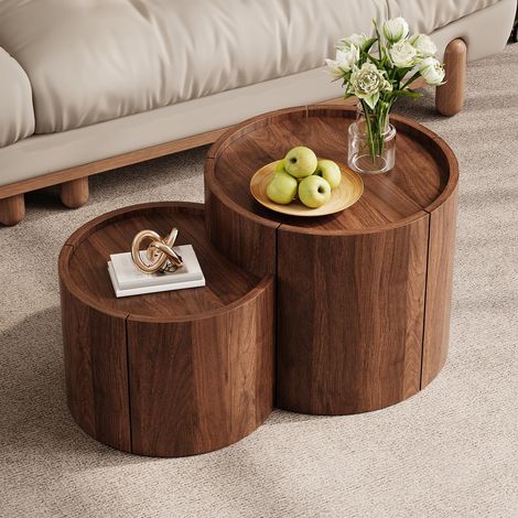 Couchtisch mit stauraum 77.5x47.5x40 cm - wohnzimmer moderner runder kaffeetisch aus pb mit schubladen und geschwungenen türen - nussbaum (1/5)