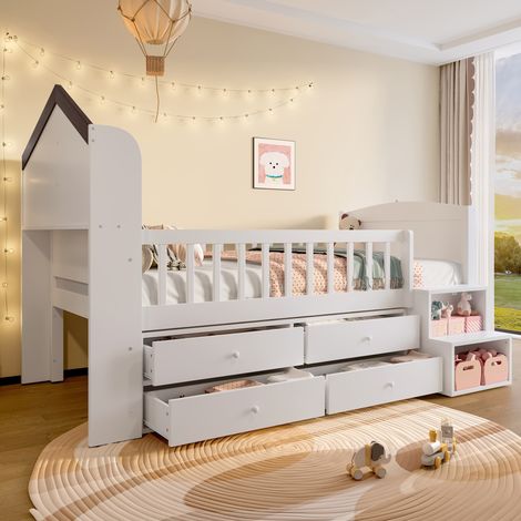 Halbhohes Bett Hausform Weiß 90x200 cm aus Holz mit Fenster-Kopfteil, LED, 4 Schubladen, Leiter mit Regalen (1/5)