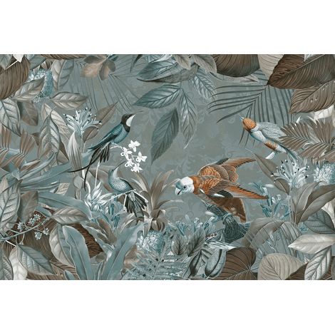 Papier peint panoramique oiseaux exotique Tapisserie panoramique jungle grise & marron Papier peint panoramique tropical salle de bain (1/2)