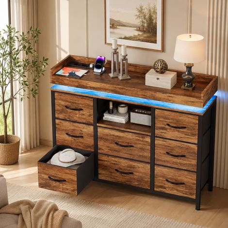 Commode 108×30×82cm avec 8 tiroirs,meuble de rangement en tissu,lumière LED et port USB,armoire de rangement multifonctionnel,pieds réglables,anti-basculement,pour chambres et salons,MDF,Chêne tigré (1/5)