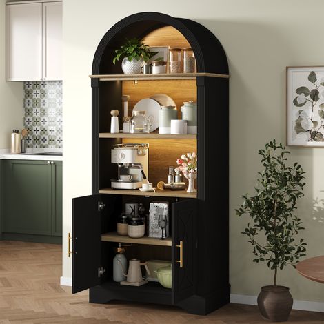 Hochschrank mit 2 Türen, 3 Fächern, Verstellbarem Einlegeboden, LED-Beleuchtung, MDF Schwarz, 76.2 × 40.1 × 180 cm (1/5)